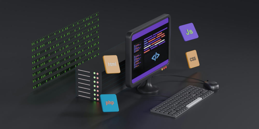 Grafisk illustration med elementer fra HTML, CSS og JavaScript